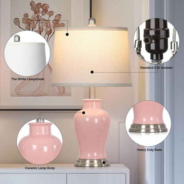 Cinkeda Bedside 23 in. Pink Ceramic Table Lamps Set with Drum