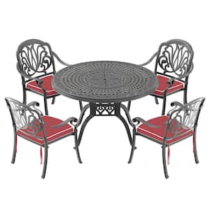 Elizabeth Black 5-Piece Cast Aluminum Outdoor Dining Set with Round Table, Dining Chairs and Random Color Seat Cushion