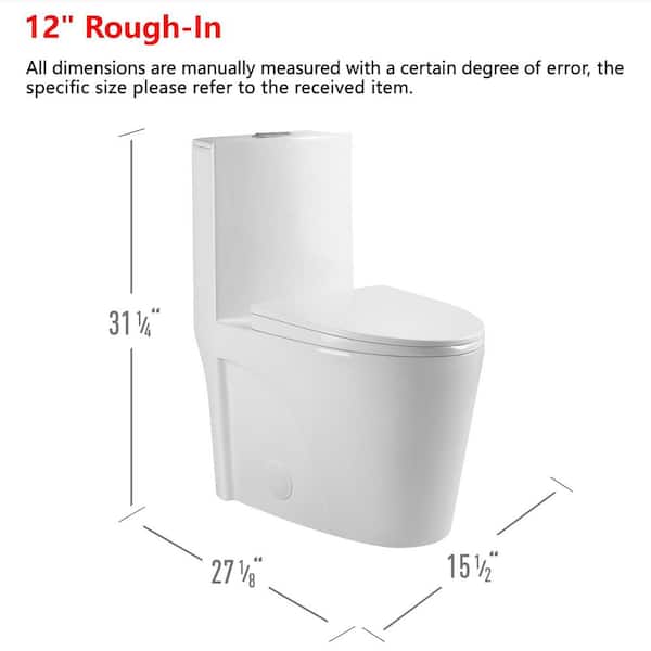 12 in. Rough-In 1/1.6 GPF Dual Flush One Piece Toilet in Gloss White with Soft Closing Seat