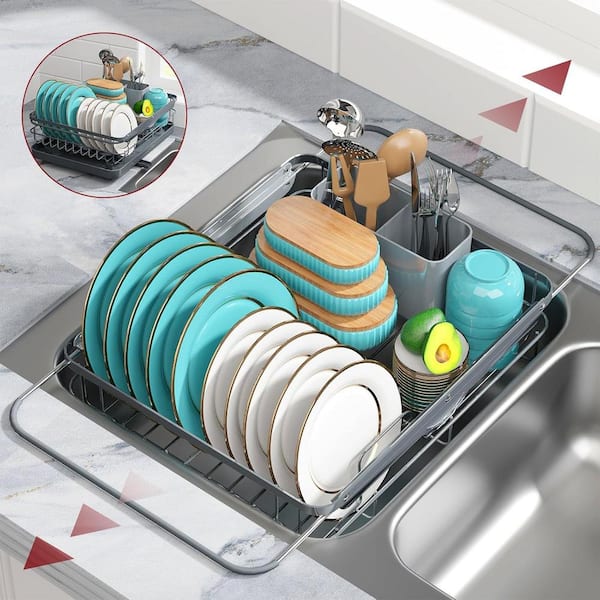 Unbranded Gray Drying Dish Rack with Drainboard for Kitchen Counter and Sink in Stainless Steel