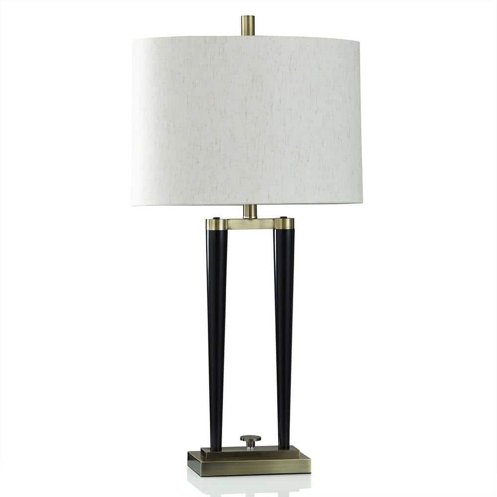 Matte Black and Brass Modern Table Lamp with Oatmeal Shade