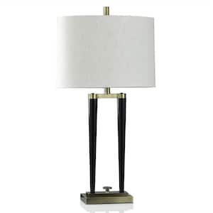 33.25 in. Matte Black, Brushed Brass Table Lamp with Oatmeal Linen Shade