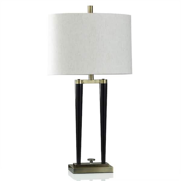 StyleCraft 33.25 in. Matte Black, Brushed Brass Table Lamp with Oatmeal Linen Shade