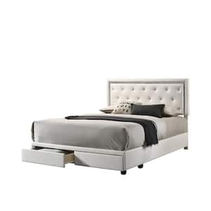 Nataly 48 in. W White Faux Leather Platform Queen Bed Frame with 2-Drawers on Footboard, with Faux Crystals