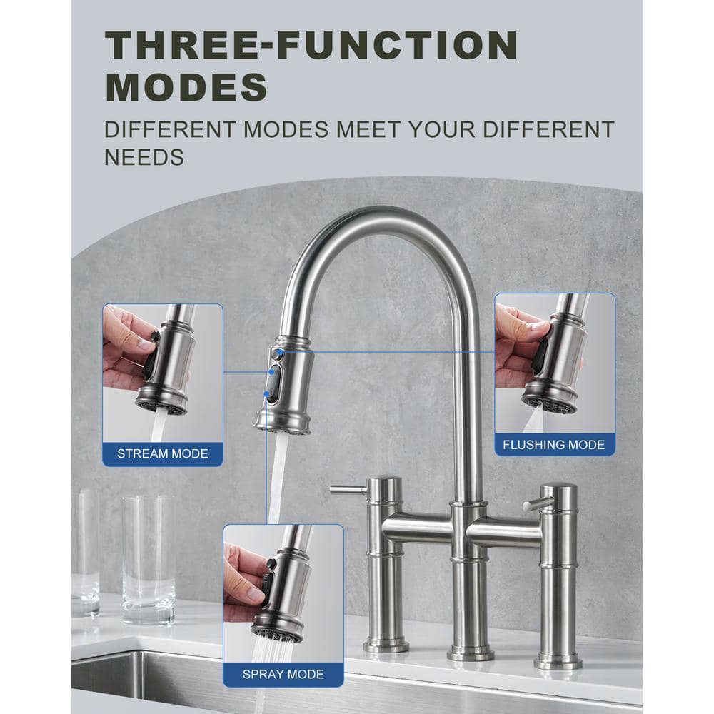 Brushed Nickel Double Handle Bridge Kitchen Faucet with Pull Down Sprayer