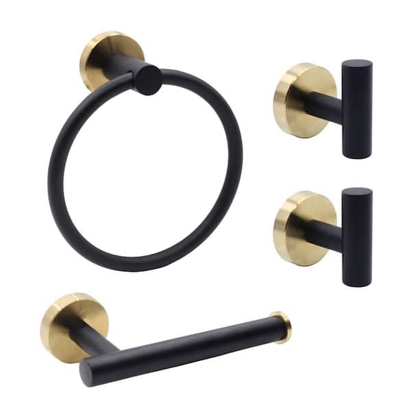 Langsun 4-Piece Bath Hardware Set with Towel Ring Toilet Paper Holder and Towel Hook in Black/Gold