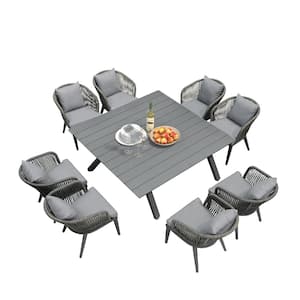 9-Piece All-Weather Wicker Outdoor Dining Set with Square Table All Aluminum and Grey Cushions for Garden Backyard Deck