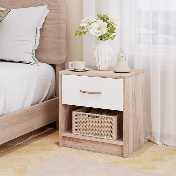 Oak and White 1-Drawer 15 in. Modern Nightstand Bedside Table with Drawer Open Storage Shelf for Small Spaces