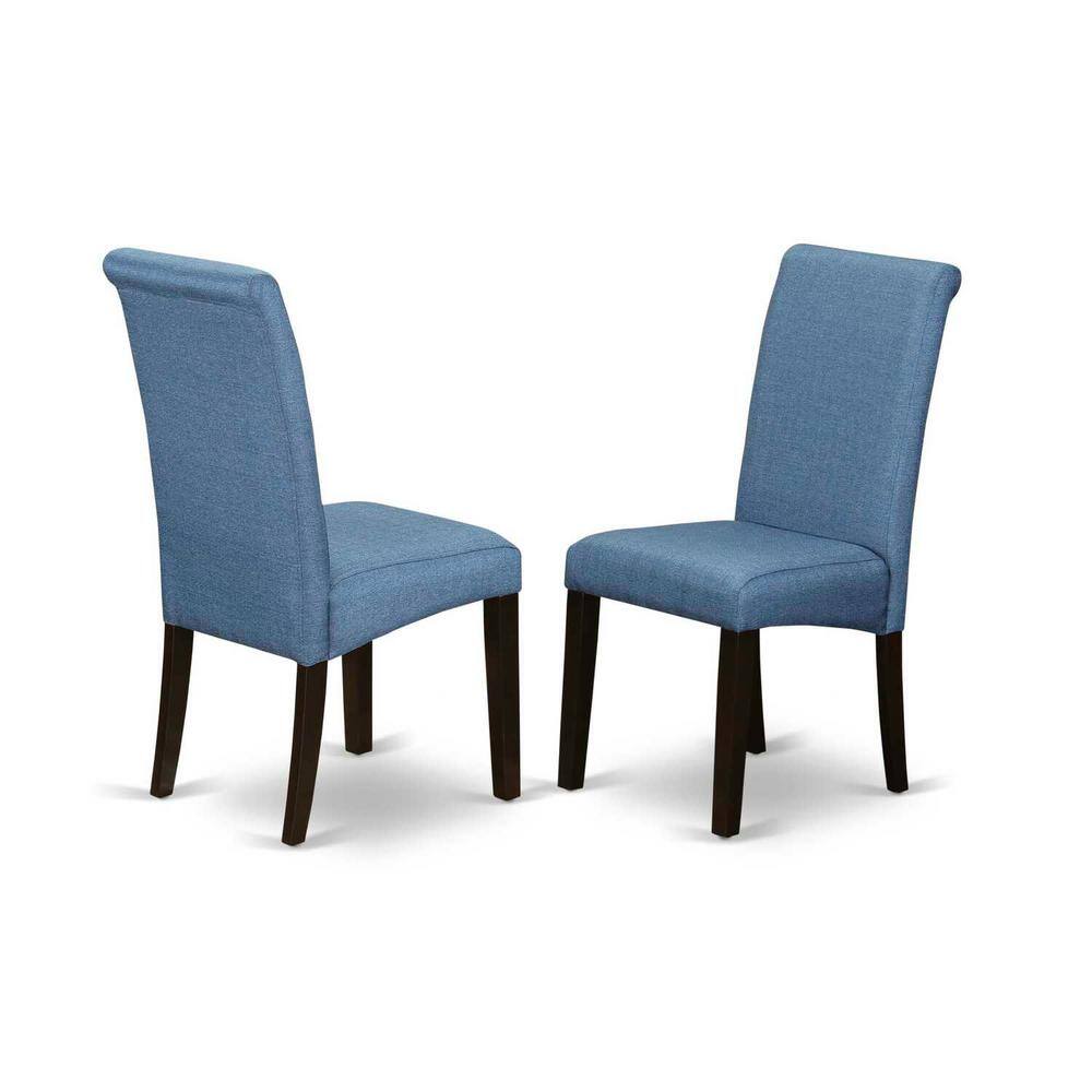 Cappuccino Round Wood Dining Table with Blue Linen Chairs