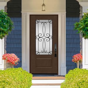 Regency 36 in. x 80 in. 3/4-Lite Georgian Decorative Glass LHIS Hickory Mahogany Fiberglass Prehung Front Door