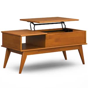 Draper 48 in. Teak Brown Wide Rectangle Solid Hardwood Mid Century Modern Lift Top Coffee Table
