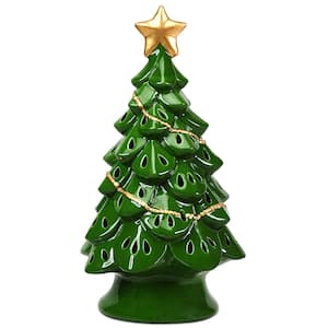 11.5 in. Pre-Lit Ceramic Christmas Tree Tabletop Lights in Green