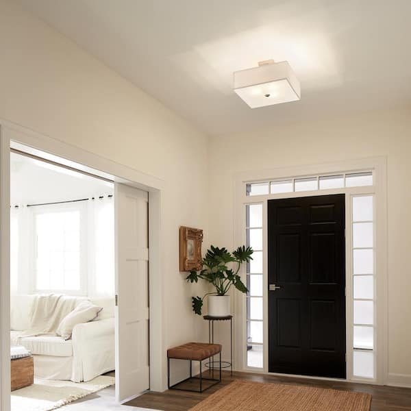Shailene 18 in. 3-Light Brushed Nickel Square Hallway Transitional Semi-Flush Mount Ceiling Light with Microfiber Shade