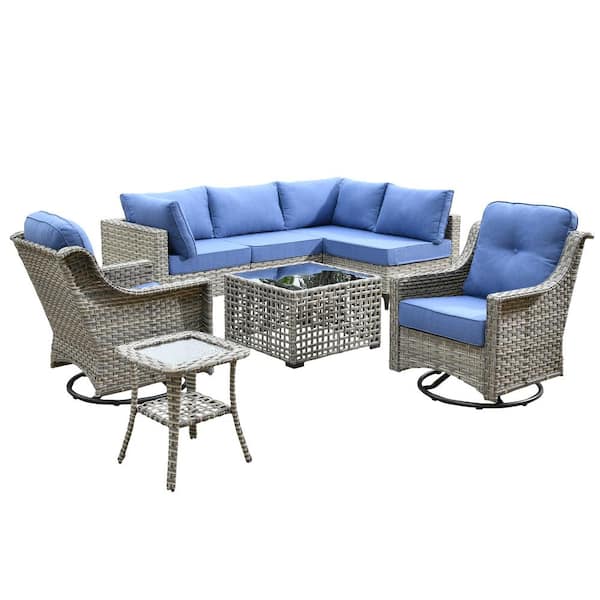 Holston 8-Piece Wicker Modern Outdoor Patio Conversation Sofa Seating Set with Swivel Chairs and Sky Blue Cushions