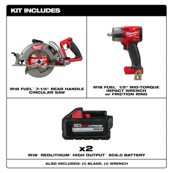 Milwaukee M18 FUEL 18V Lith-Ion Cordless 7-1/4 in. Rear Handle Circ Saw w/1/2 in. Impact Wrench & (2) High Output 6.0Ah Battery