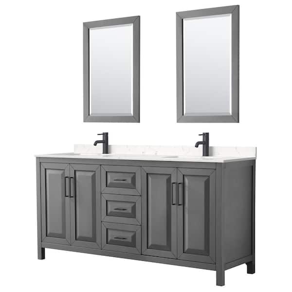 Wyndham Collection Daria 72 in. W x 22 in. D x 35.75 in. H Double Bath Vanity in Dark Gray with Carrara Cultured Marble Top, 24 in. Mirrors