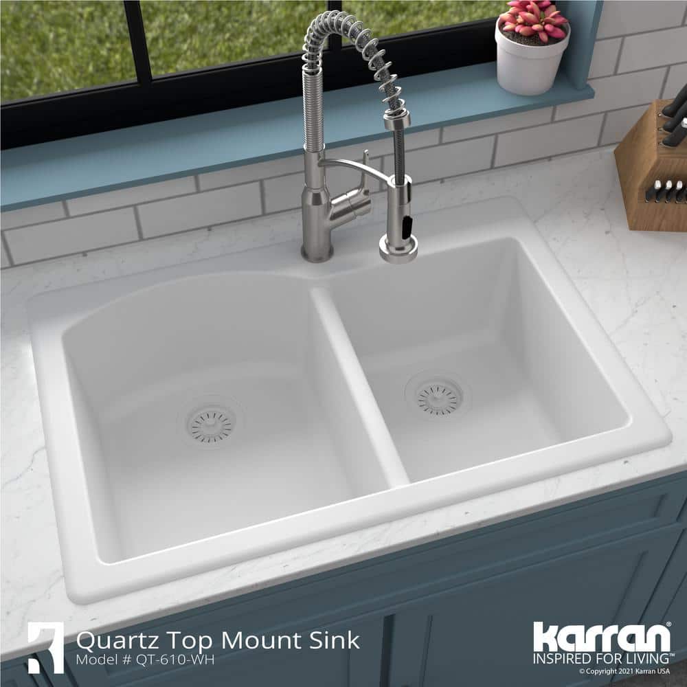 White Quartz Composite Double Bowl Kitchen Sink, 33" x 22"