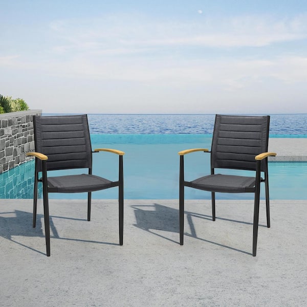 Armen Living Portals Black Stacking Aluminum Outdoor Dining Chair with Teak Arms (Set of 2)