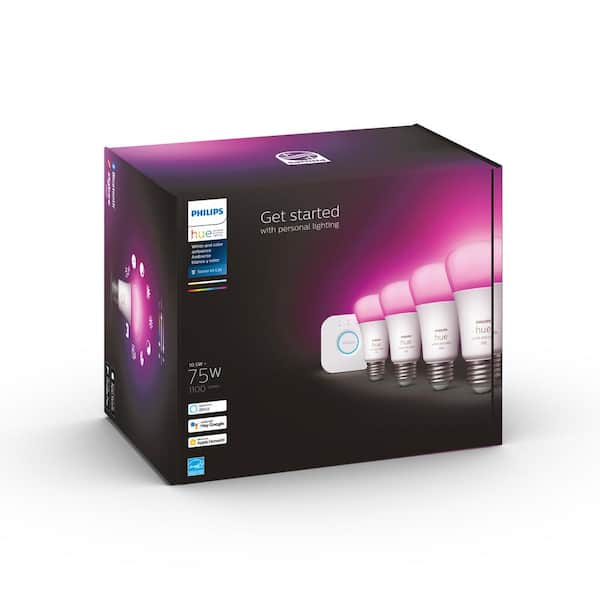 library Plantation session Philips Hue White and Color Ambiance A19 75W Equivalent Dimmable LED Smart  Light Bulb Starter Kit (4 Bulbs and Bridge) 563296 - The Home Depot