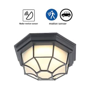 1-Light Matte Black Motion Sensing Dusk to Dawn LED Outdoor Flush Mount Light with Frosted Glass