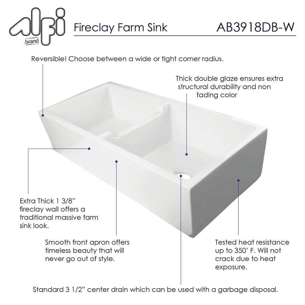 39.5'' White Fireclay Double Bowl Farmhouse Kitchen Sink