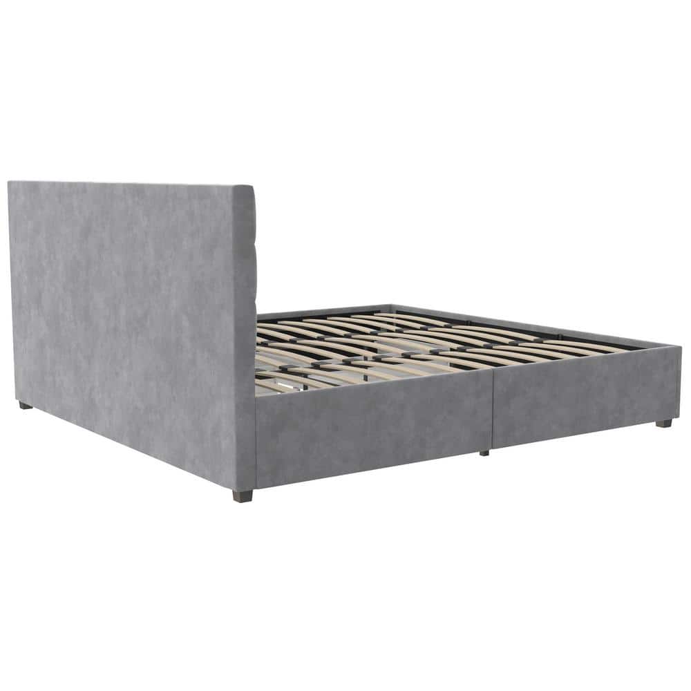 King Light Gray Velvet Upholstered Bed with Storage Drawers