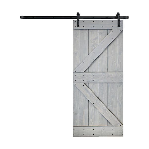ISLIFE K Style 38 in. x 84 in. French Gray Finished Soild Wood Sliding Barn Door with Hardware Kit - Assembly Needed