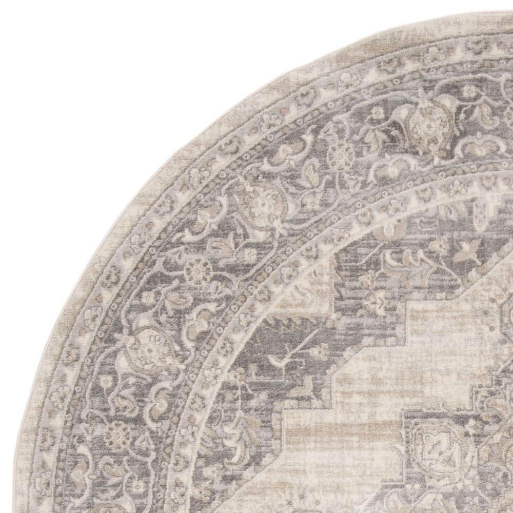 Reversible Round Cream/Gray Synthetic Easy Care Area Rug, 9' x 9'