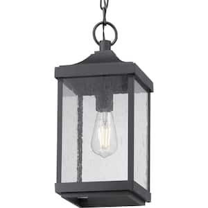 Park Court 1-Light Textured Black Outdoor Pendant Light with Clear Seeded Glass
