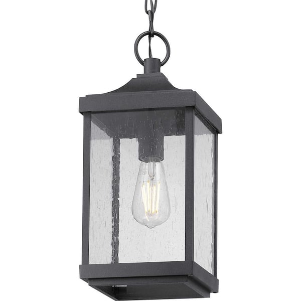 Progress Lighting Park Court 1-Light Textured Black Traditional Outdoor Pendant Light with Clear Seeded Glass