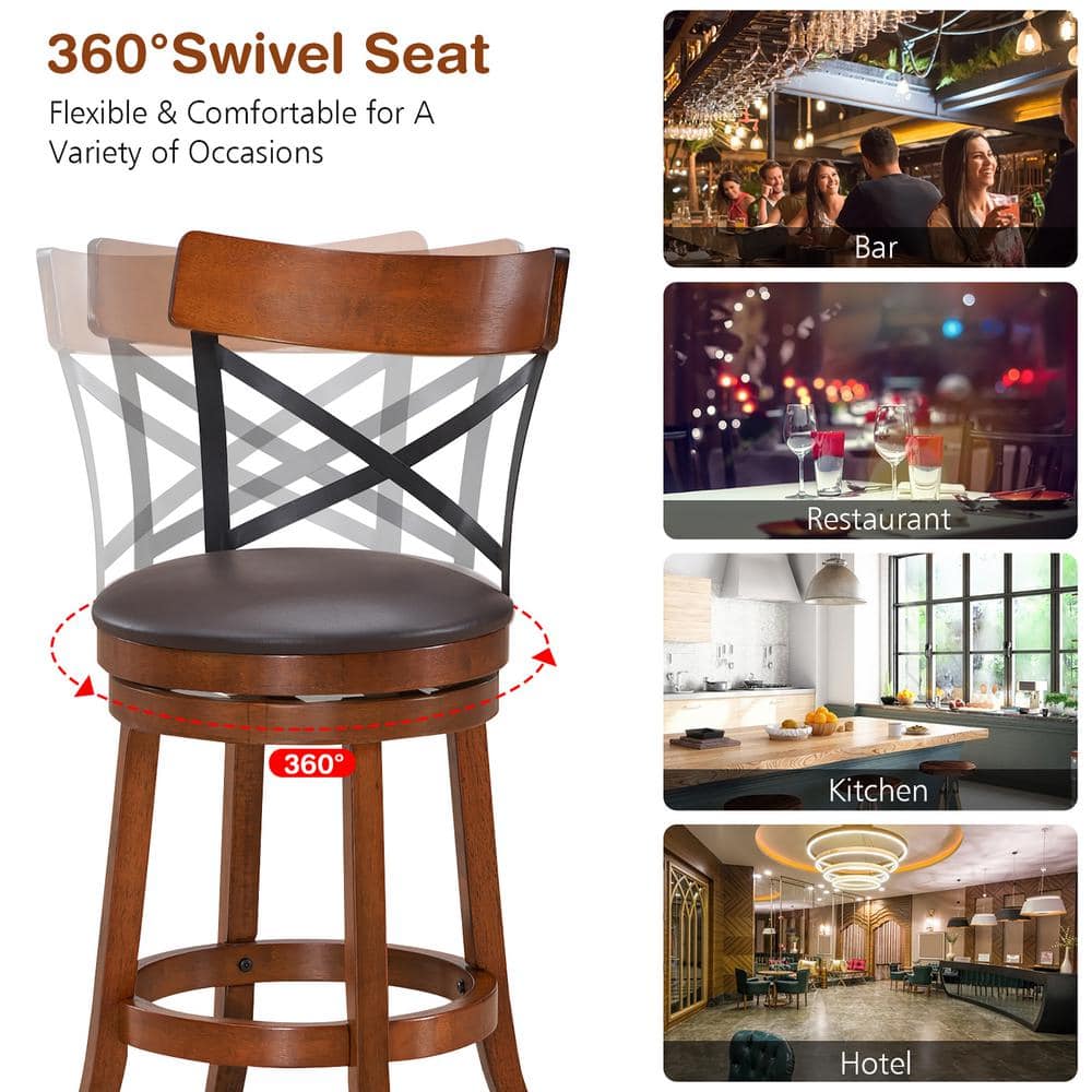 Set of 2 Walnut and Black Swivel Bar Stools with Rubberwood Legs