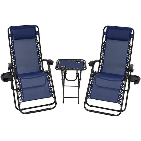 Sunnydaze Zero Gravity Navy Blue Sling Beach Chairs with Side Table (Set of 2)