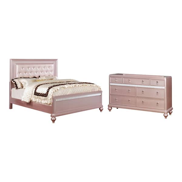 Furniture of America Kloe 2-Piece Rose Gold Wood Queen Bedroom Set, Bed and Dresser