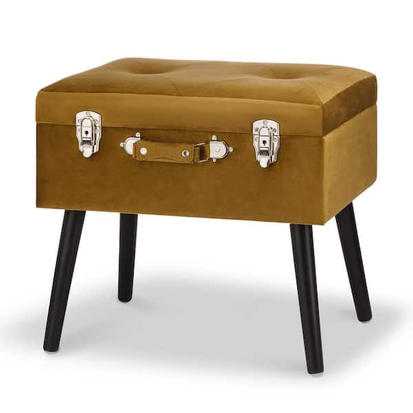 Glitzhome 19.70 in. L Glod Velvet Upholstered Storage Stool with Black Solid Rubberwood Legs