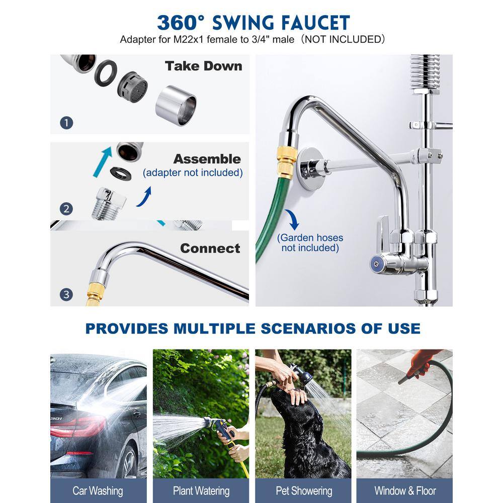 47" Polished Chrome Wall Mount Commercial Kitchen Faucet with Pull-out Spray