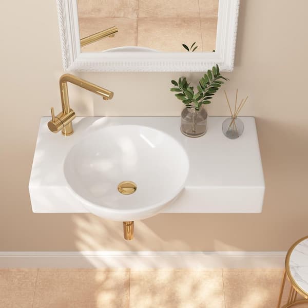 30 in. Left Side White Ceramic Novelty Wall-Mount Sink Wall Hung Rectangular Bathroom Vessel Sink, Single Faucet Hole