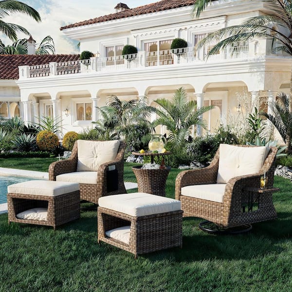 Sudzendf 5-Piece Wicker Patio Conversation Set with Beige Cushions, Pet House Cool Bar and Retractable Side Tray