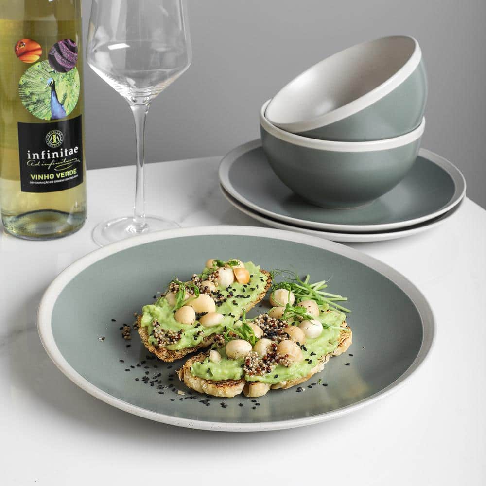 Green and Cream Ceramic 16-Piece Dinnerware Set with Edge Embellishment