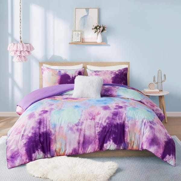 Karissa 4-Piece Lavender Microfiber King/Cal King Watercolor Tie Dye Printed Duvet Cover Set with Throw Pillow