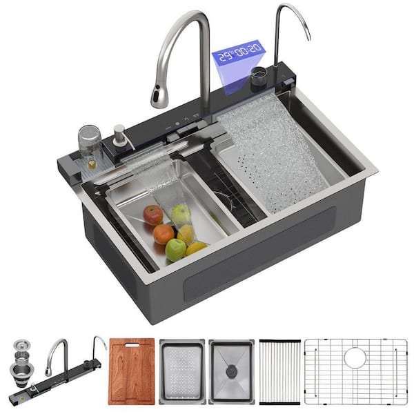 30 in. x 19 in. LED Digital Display Single Bowl 16-Gauge Stainless Steel Workstation Drop-In Kitchen Sink with Faucet