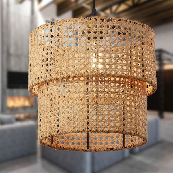 Bex 1-Light Gold Shaded Metal Pendant with Tan Rattan Drum Shade