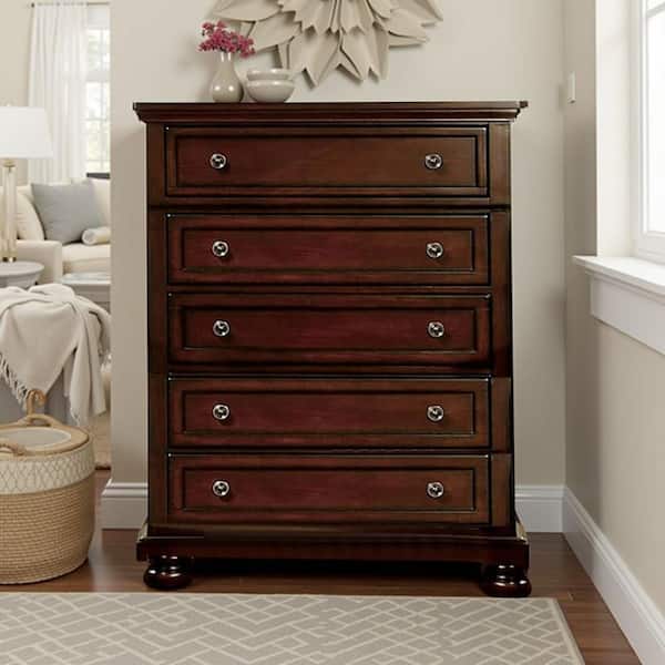 Benjara 40 in. Cherry Brown 5-Drawer Wooden Chest of Drawers
