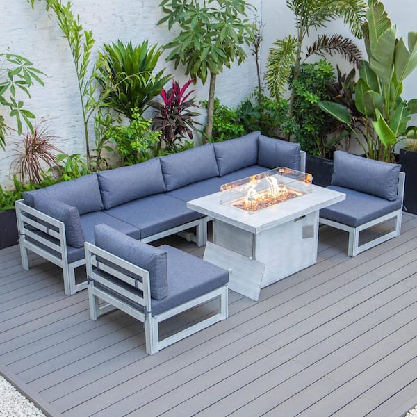 Leisuremod Chelsea Weathered Grey 7-Piece Aluminum Patio Fire Pit Set with Blue Cushions