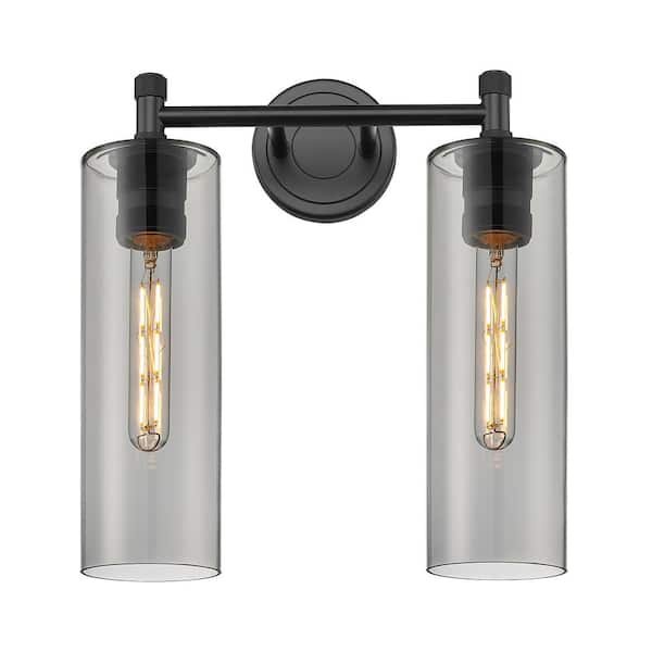 Crown Point 13.88 in. 2-Light Matte Black Vanity Light with Black Glass Shade