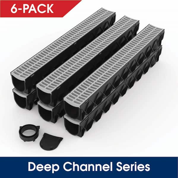 RELN Storm Drain Deep Series 5 in. W x 5.25 in. D x 39.4 in. L Channel Drain Kit with Gray Grate (6-Pack)
