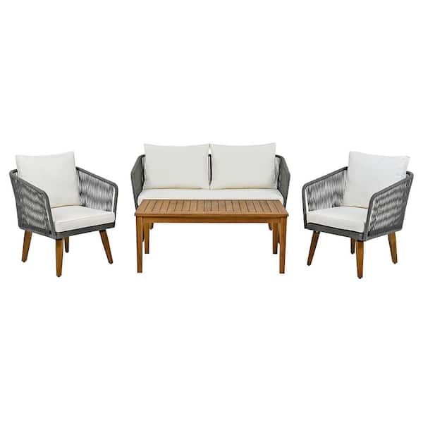 Unbranded 4-Piece Gray Metal Patio Conversation Set with Beige Cushions and Wood Top Table for Backyard