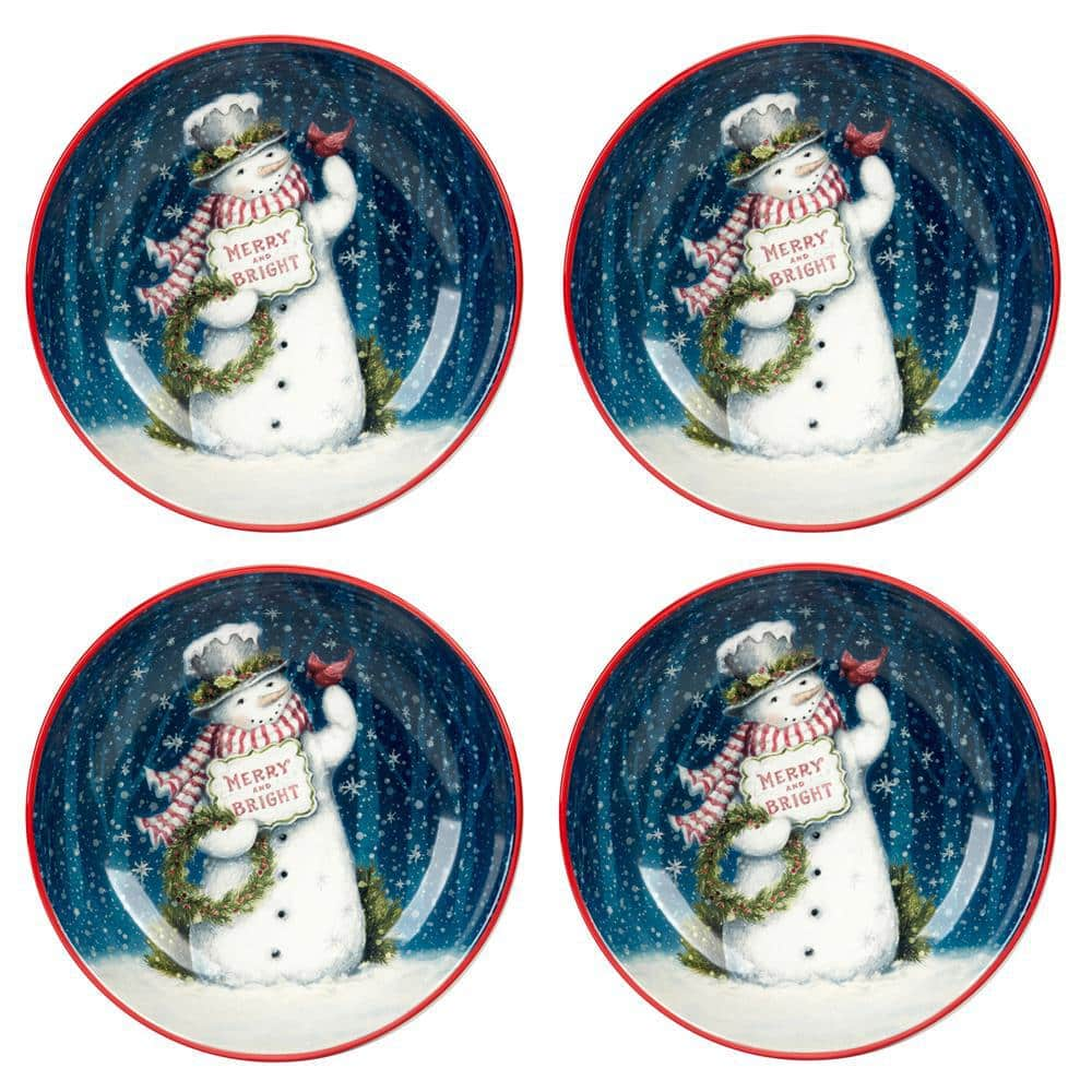 Certified International 38 fl. oz. Multi-Colored Earthenware Snowman Greetings Soup and Pasta Bowls (Set of 4)