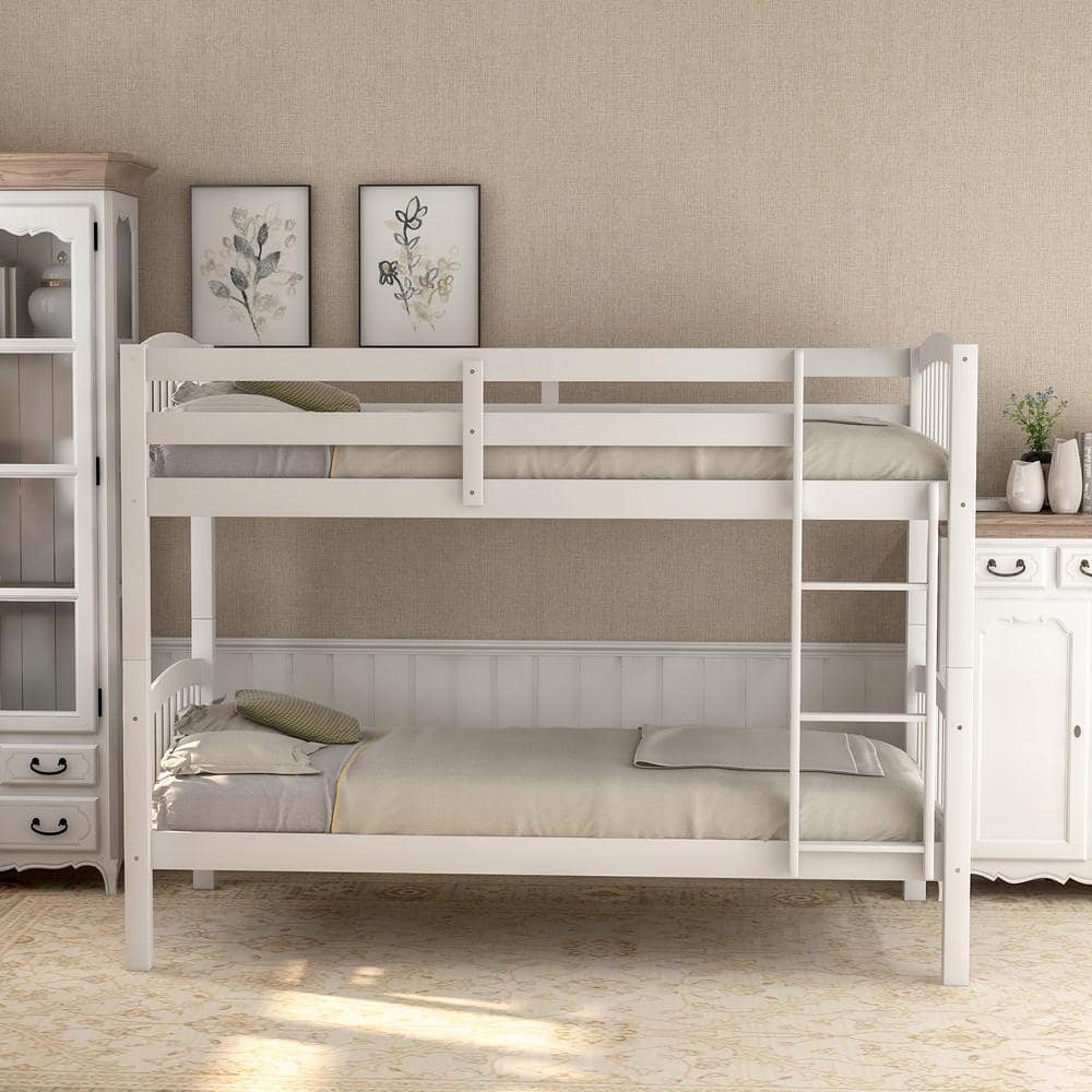 ANBAZAR Wood Bunk Bed Twin Over Twin Bunk Bed Wood 2 in 1 Bunk Bed with Ladder and Guardrails for Kids, Teens White -  FF90-K