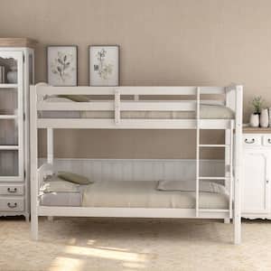 Wood Bunk Bed Twin Over Twin Bunk Bed Wood 2 in 1 Bunk Bed with Ladder and Guardrails for Kids, Teens White