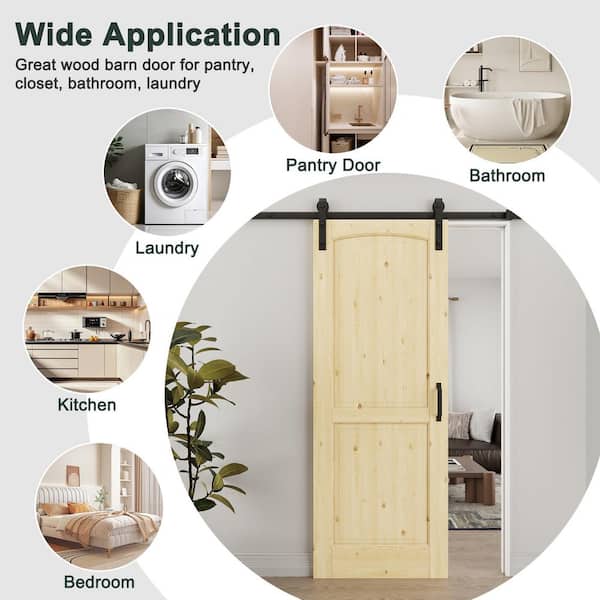 24 in. x 80 in. Arch 2-Panel Unfinished Solid Core Pine Wood Sliding Barn Door with Hardware Kit